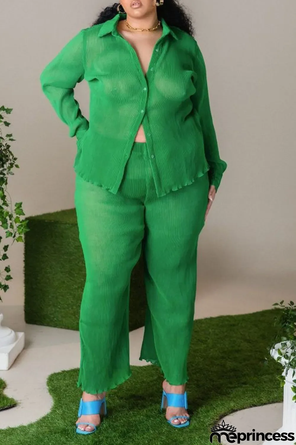 Green Casual Solid Split Joint Buckle Turndown Collar Plus Size Two Pieces