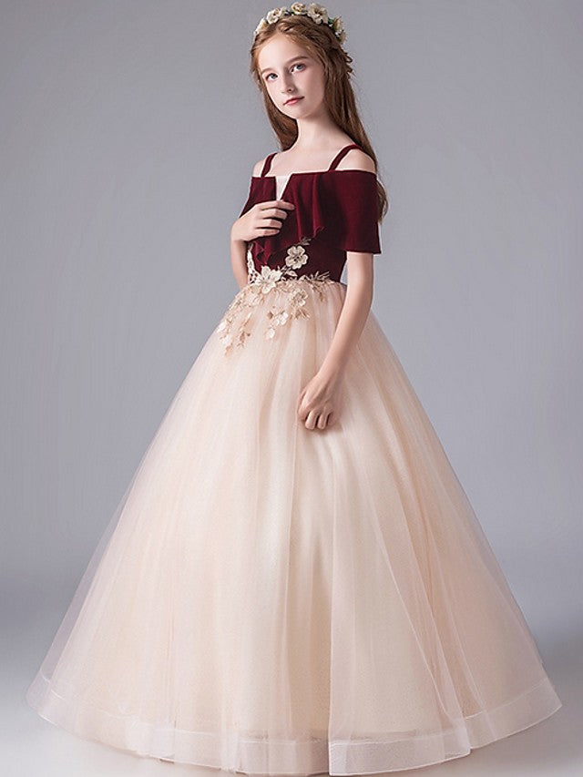 Oknass Short Sleeve Spaghetti Strap A-Line Floor Length Flower Girl Dress With Appliques