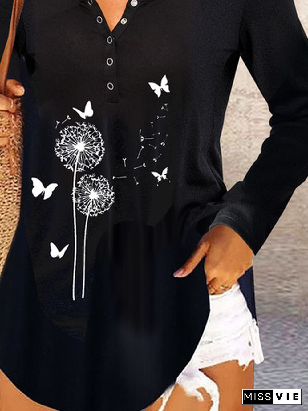 V Neck Jersey Long Sleeve Dandelion Printed T-Shirt