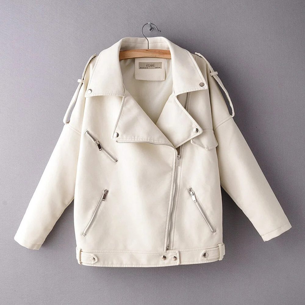 FTLZZ New Spring Pu Leather Jacket Women Moto Biker Lapel Zipper Warm BF Style Faux Leather Coat Loose Fashion Autumn Outwear