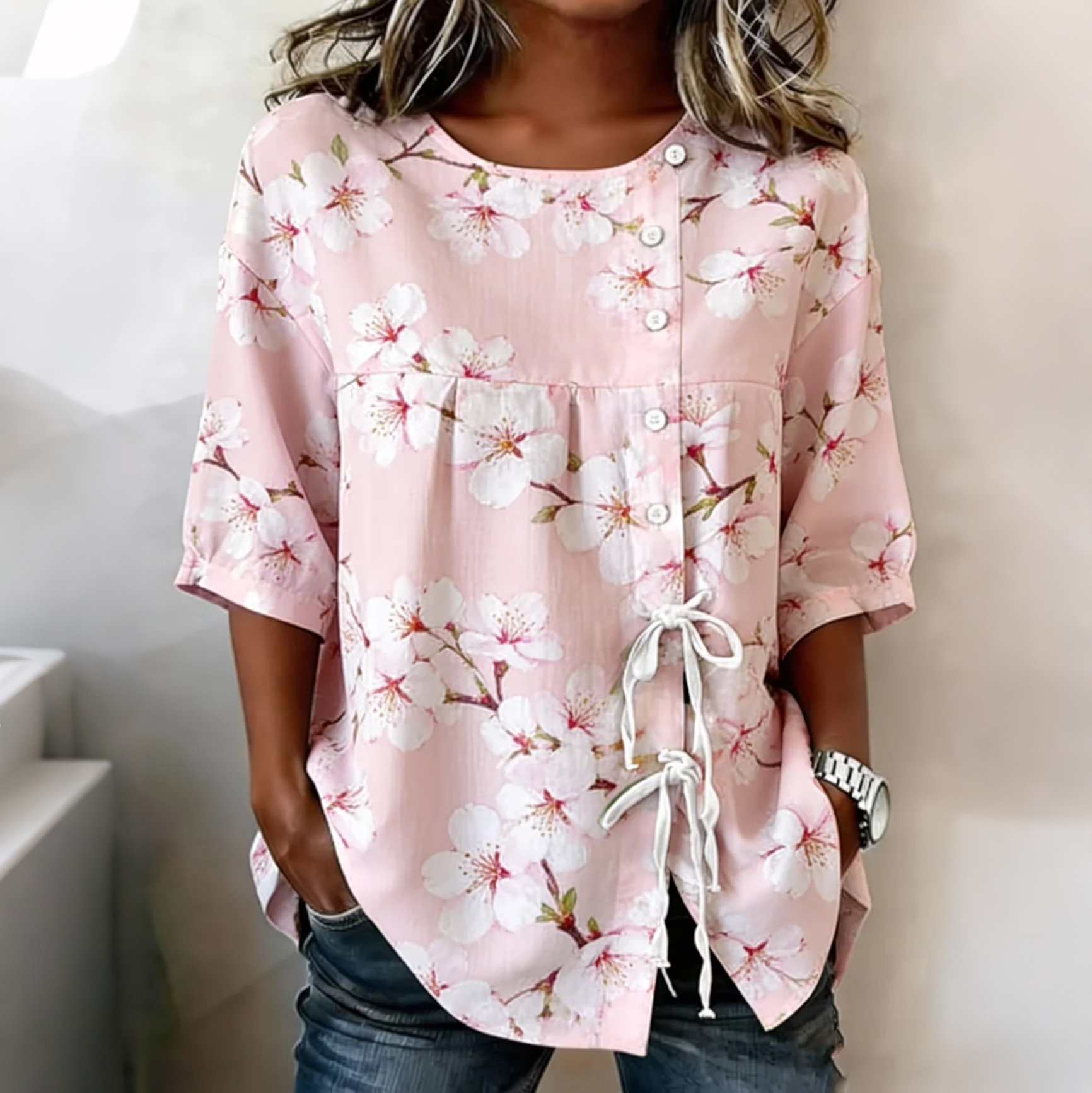 Comstylish Women's Cherry Blossom Pattern Short-sleeve Top