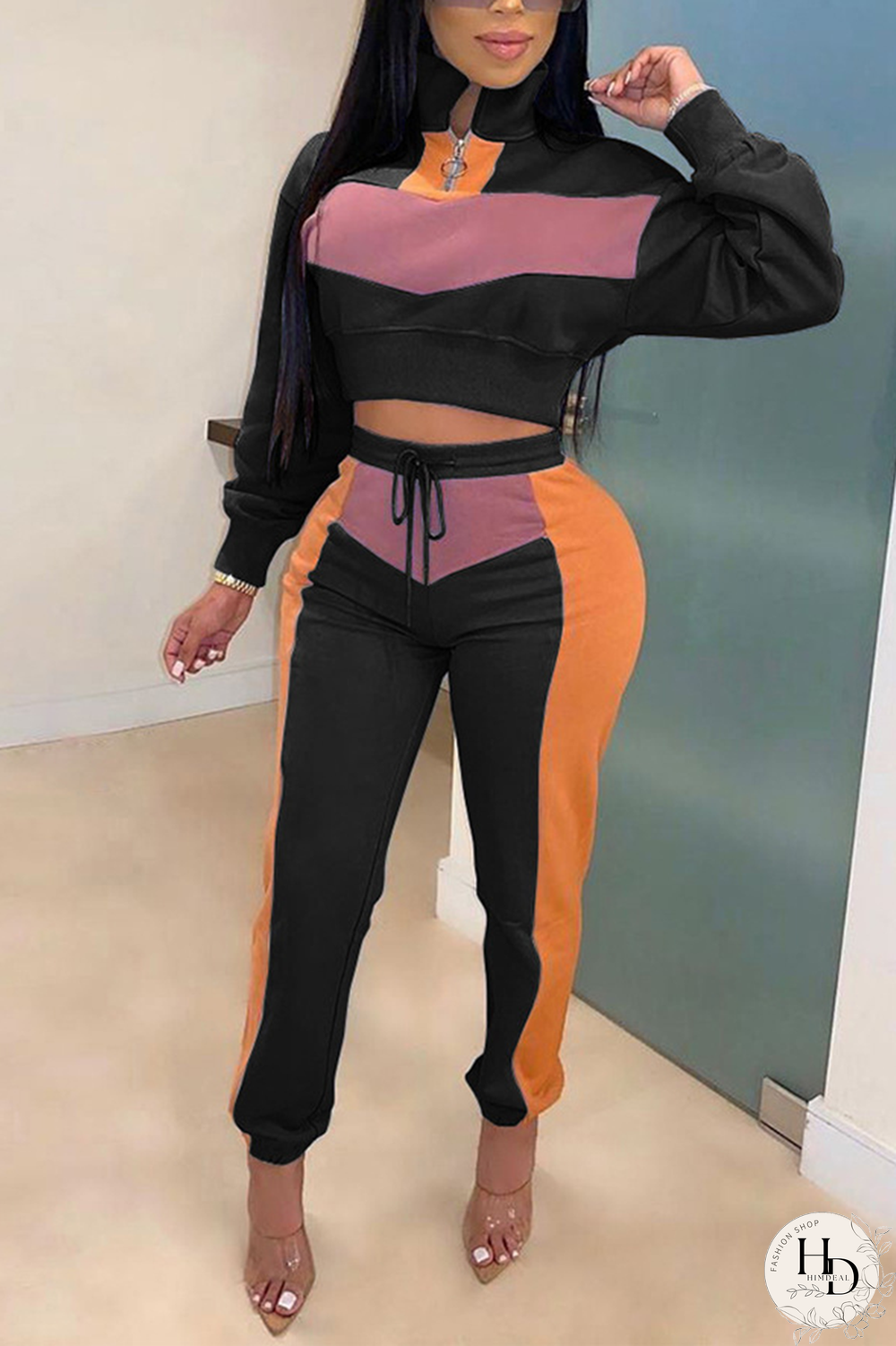 Black Street Split Joint Turtleneck Long Sleeve Two Pieces