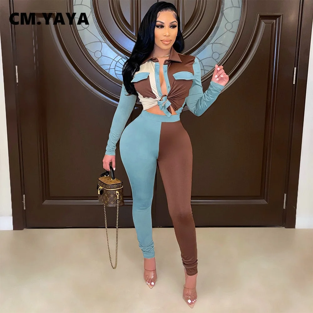 CM.YAYA Elegant Patchwork Women's Legging Pants Suit and Long Sleeve Shirts Matching Two 2Piece Set Outfits Sweatsuit Tracksuits
