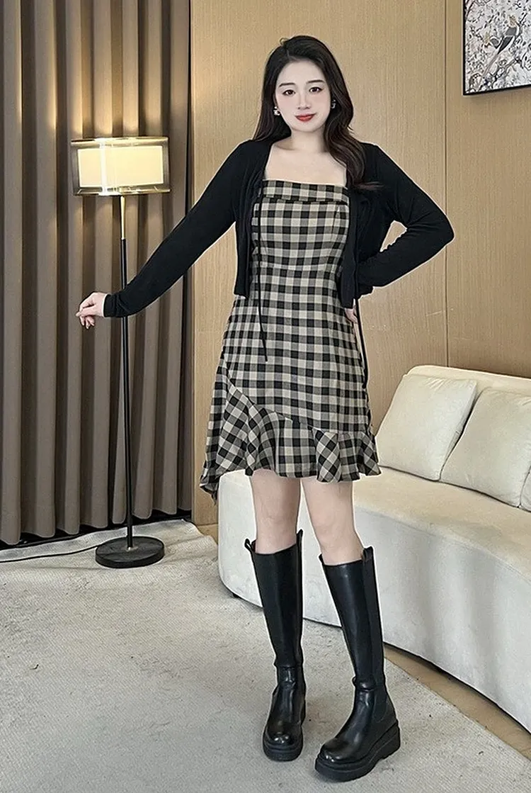 Sweet Plaid Strap Mini Dress Spring Summer Women's Wear