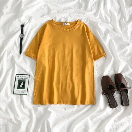 Summer Tee Shirt Solid Color Basic T-Shirt Women Casual O-neck Harajuku Top Korean Hipster Cotton Basic Tshirt