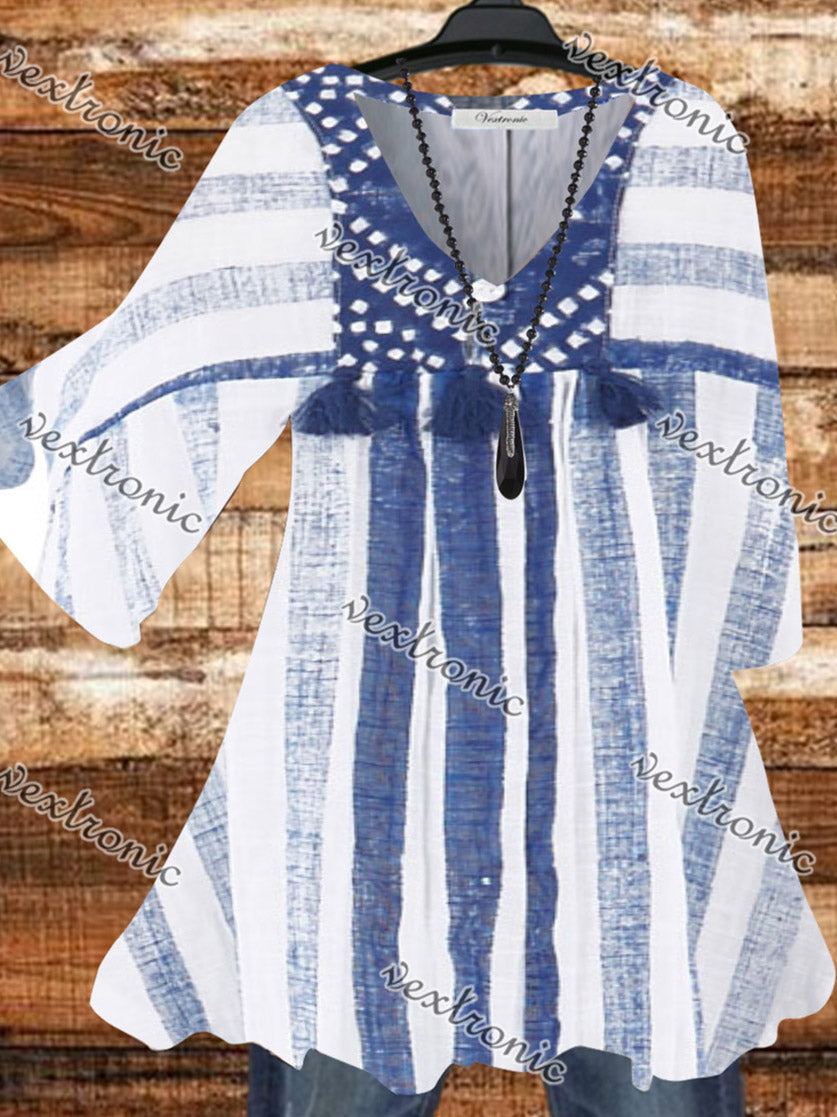 Women Casual Half Sleeve V-neck Striped Printed Top