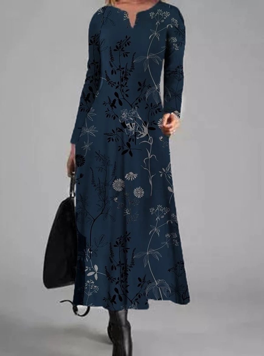 Floral Print V-neck Long-sleeved Maxi Dress | EGEMISS