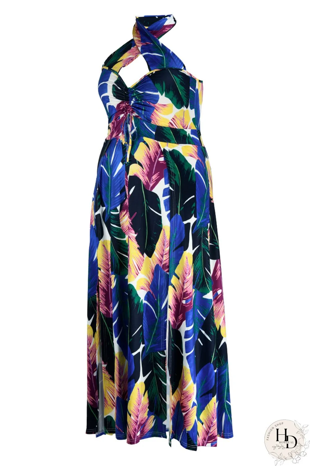 Yellow Fashion Sexy Plus Size Print Backless Slit Halter Sleeveless Dress