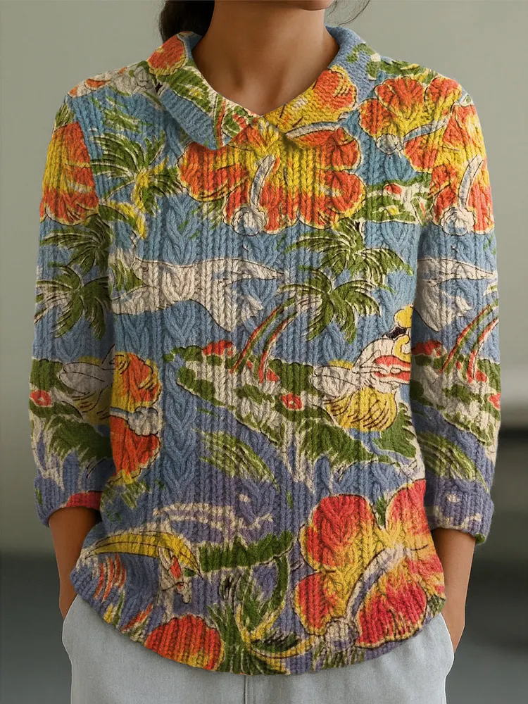 Women's Bird And Flowers Pattern Casual Peter Pan Collar 3/4 Sleeve Sweater
