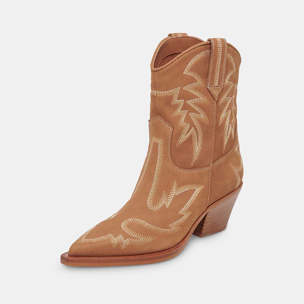 Brown Faux Suede Snip Toe Embroidered Block Heel Western Booties Nicepairs