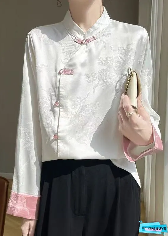 White Button Silk Shirts Stand Collar Long Sleeve
