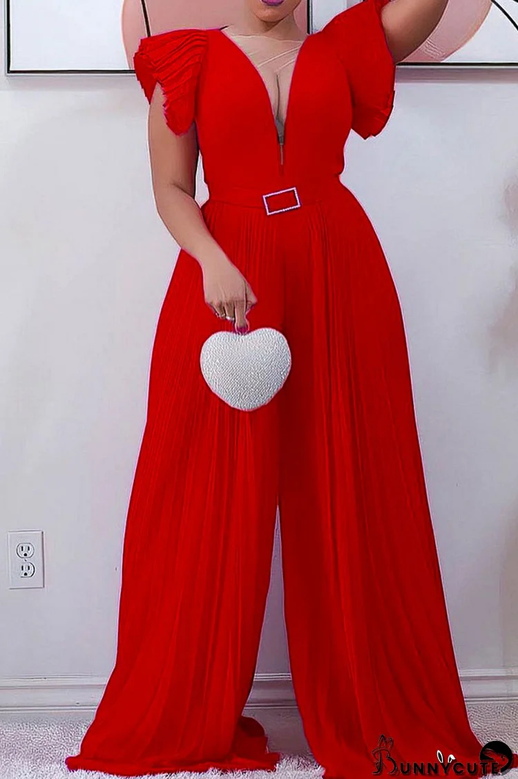 Red Fashion Casual Solid Patchwork O Neck Regular Jumpsuits (Without Belt)