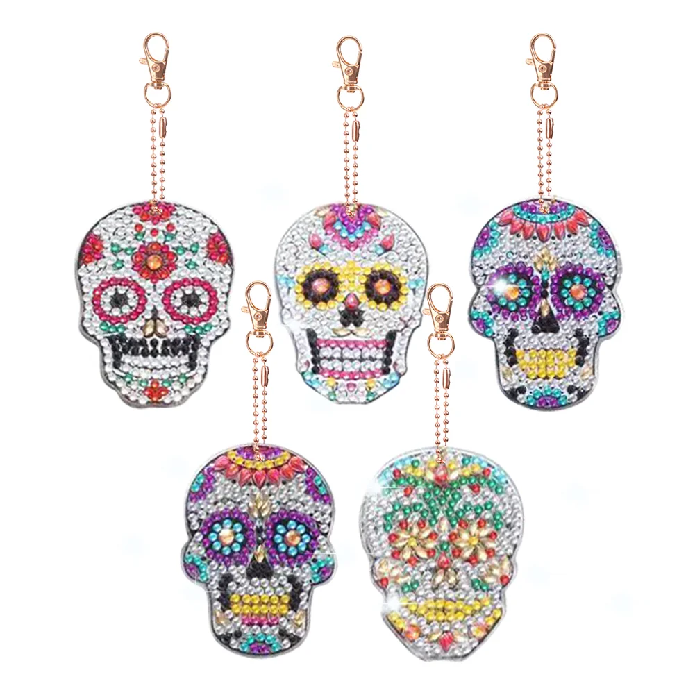 5pcs Skull Diamond Art Keychain Art Craft 5D Special-shaped Drill Gifts(Double Sided)