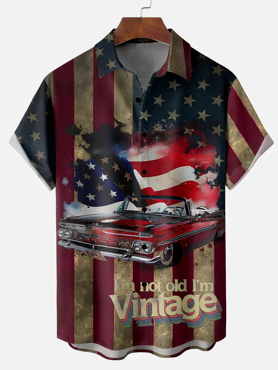 Men's Vintage American Flag Car Print Shirt PLUSCLOTHESMAN