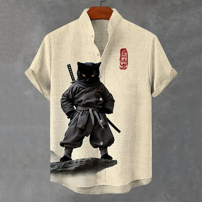 Men's Handsome Black Cat Swordsman Print Short Sleeve Shirt  artssus