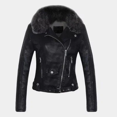 FTLZZ New Women Winter Faux Leather Jacket Warm Large Fur Collar Lady Motorcycle Pu Faux Soft Leather White Black Pink Coat