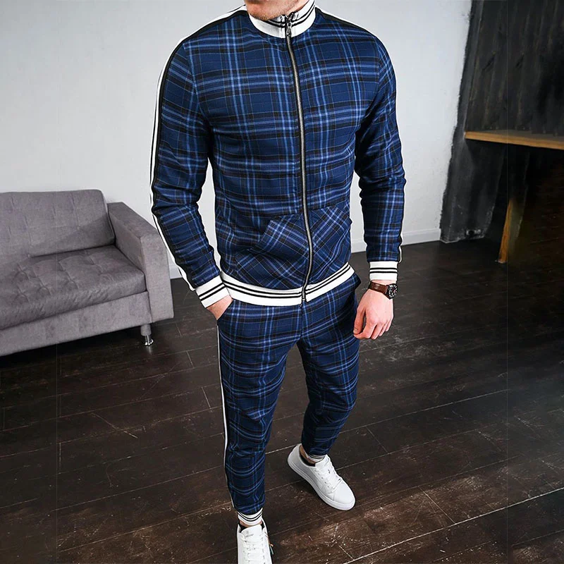 Men's Vintage Geometric Plaid Print Slim Fit Casual Sports Suit Sweatpants Sweatershir、、URBENIE