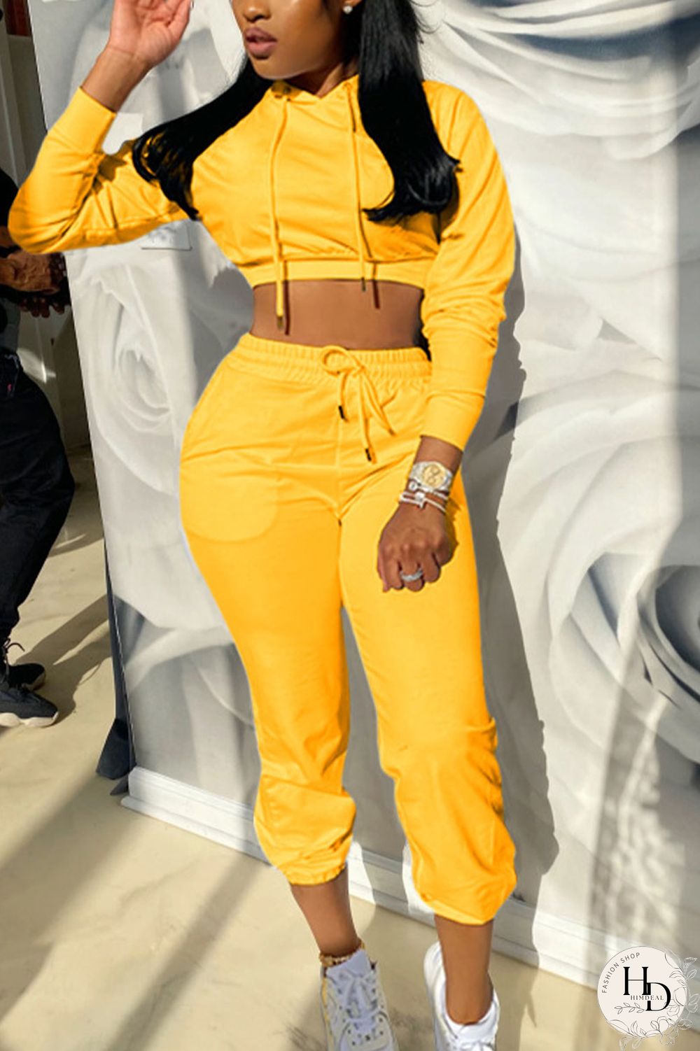 Orange Sportswear Solid Patchwork Hooded Collar Long Sleeve Regular Sleeve Short Two Pieces