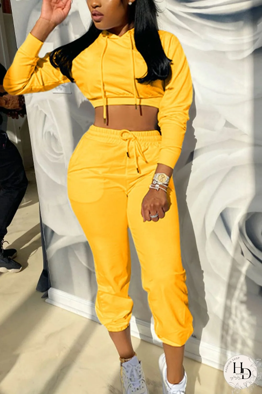 Orange Sportswear Solid Patchwork Hooded Collar Long Sleeve Regular Sleeve Short Two Pieces