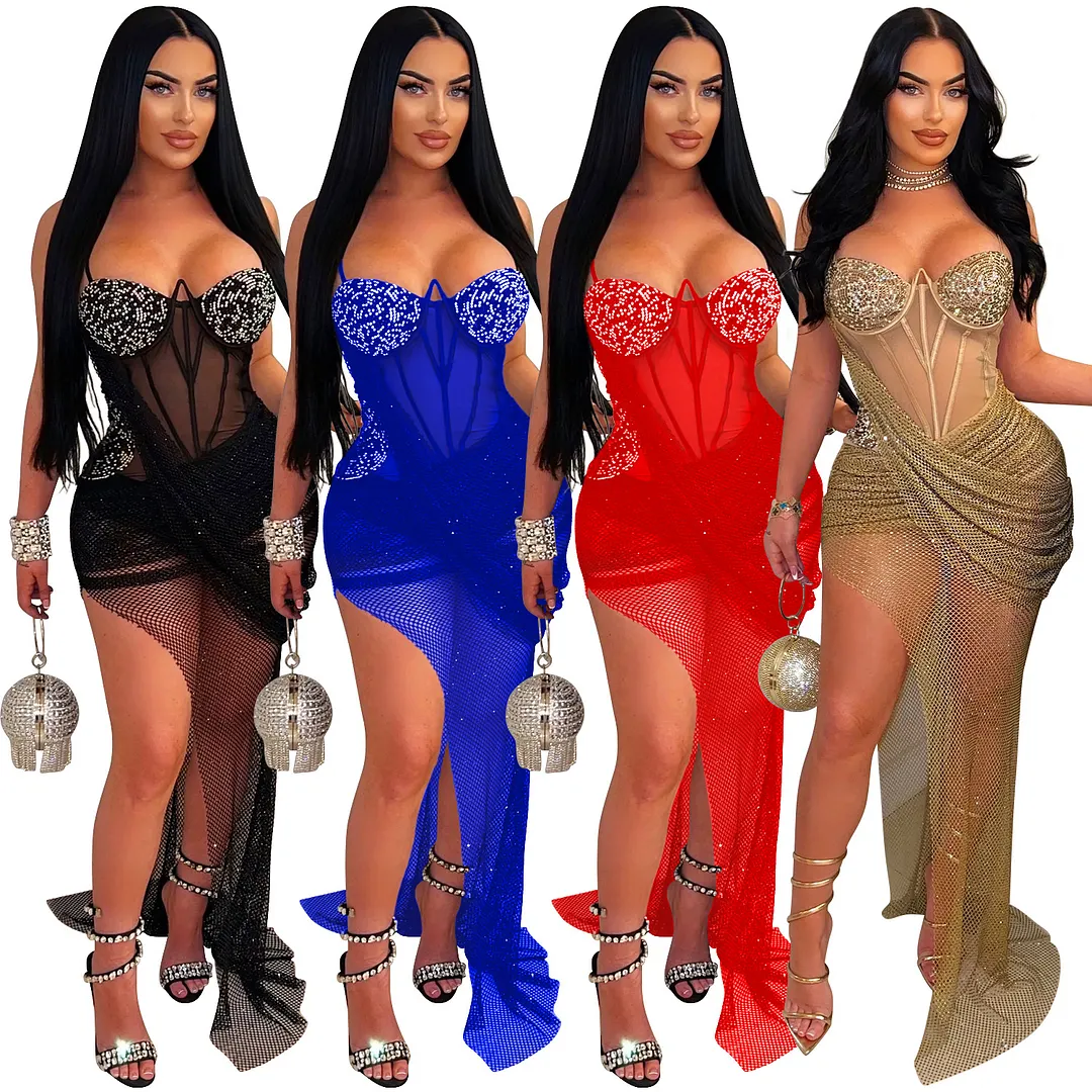 Churchf Churchf Fashion Women's Sexy Mesh Hot Diamond Long Skirt Dress