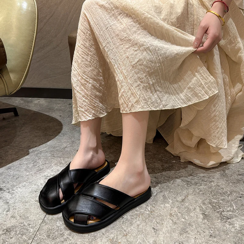 Yyvonne Bag Head Half Slippers Women Wear 2025 New Flat Bottom One Foot Lazy Pregnant Women High-Level Cold Slippers