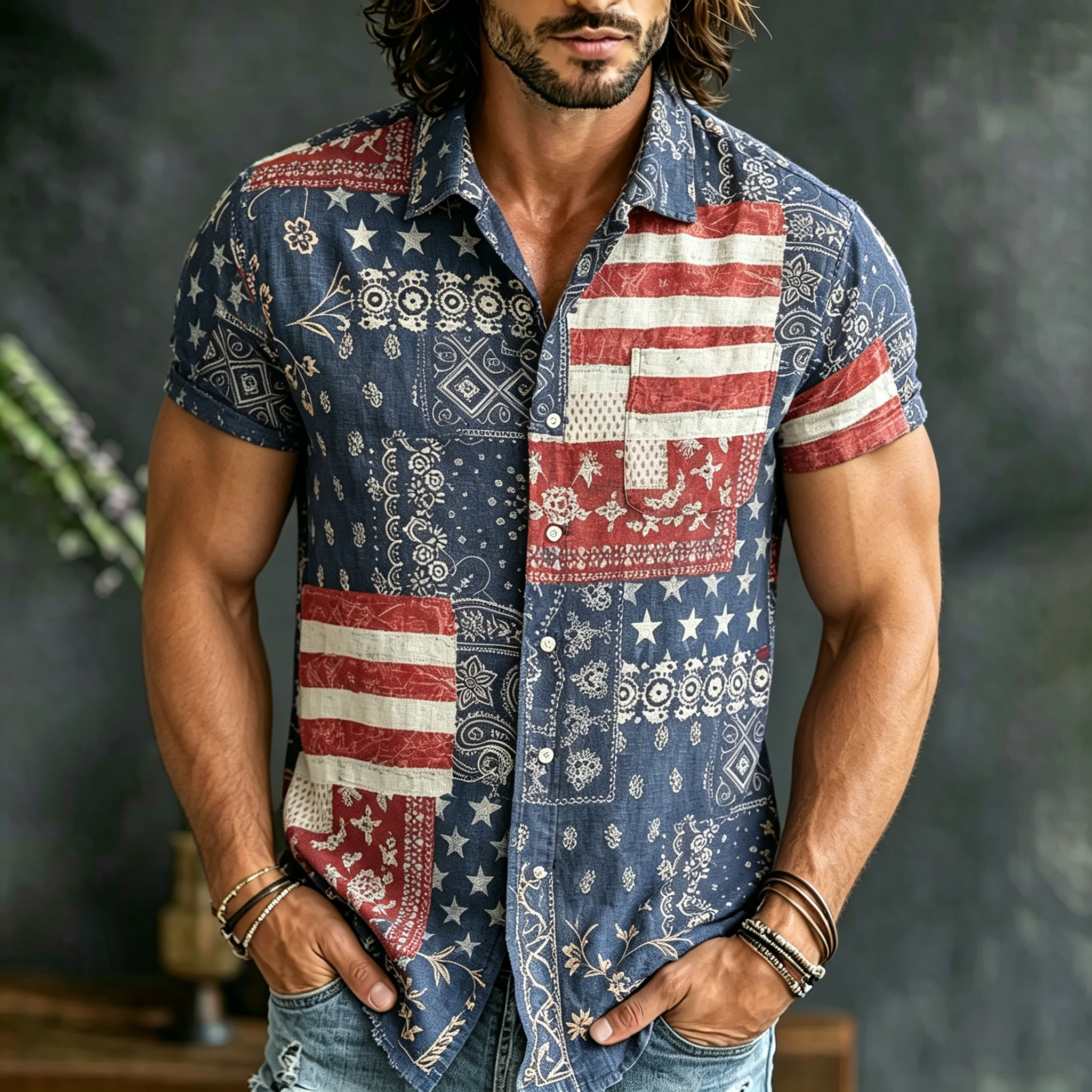  Men's Vintage Bohemian Perris With Independence Day Print Linen Blend Short Sleeve Shirt Westsshops