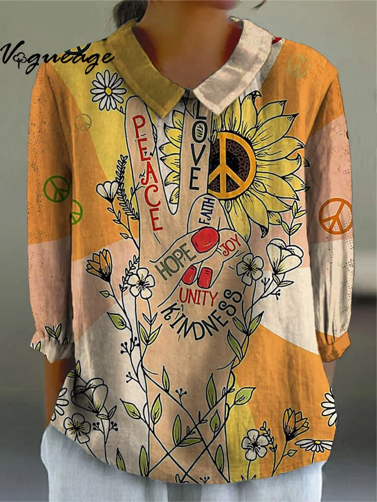 Peace Love Help Kindness Unity Printed Cotton And Linen Shirt
