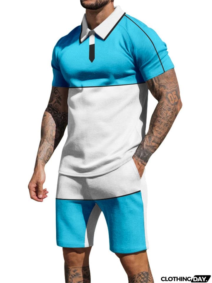 Contrasting Colors Patchwork Two Pieces Summer Sportswear Sets for Men