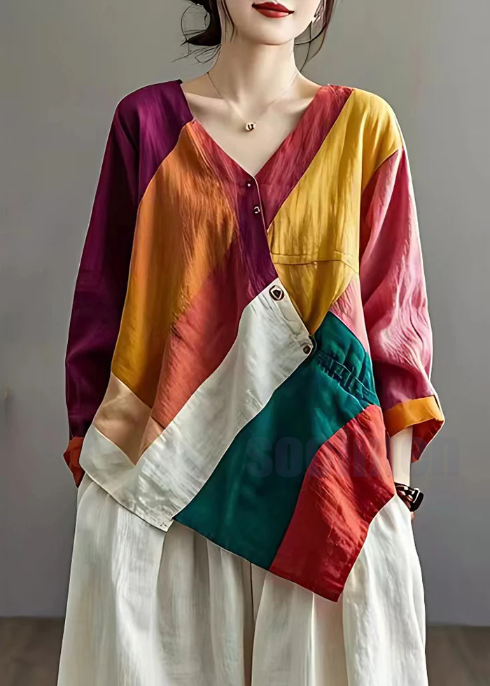 Pre sale - shipping in 30 days/Colorblock Patchwork Linen Loose Blouses Asymmetrical Summer/designer chic