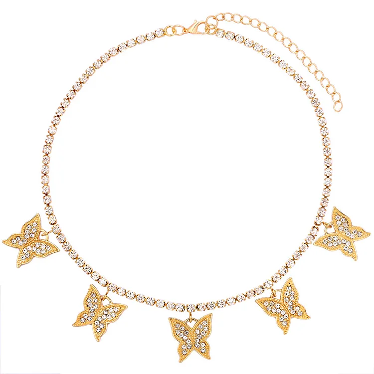 Iced Out Rhinestone Paved Butterfly Tennis Chain Necklaces For Women Gold Color Metal Charm Butterfly Choker Necklace Jewelry