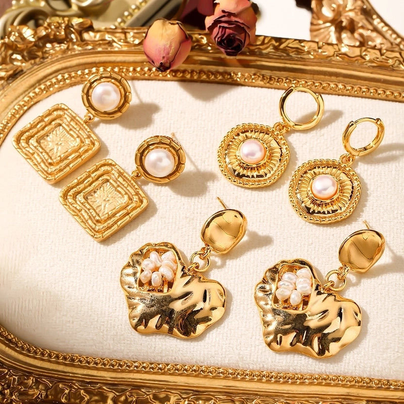 1 Pair Classical Geometric Heart Shape Freshwater Pearl Copper 18K Gold Plated Drop Earrings2