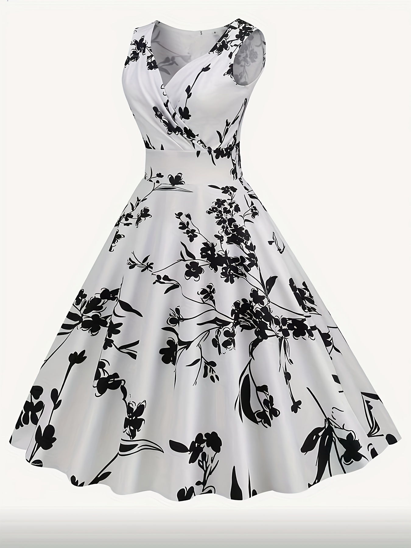 Elegant Vintage Floral Print Women's V-Neck Dress - Sleeveless High-Waisted Swing Dress, Polyester 97% Spandex 3%, Knit Fabric, A Pendulum Style, Spring/Summer/Fall, 200g/M&sup2; | IFYHOME