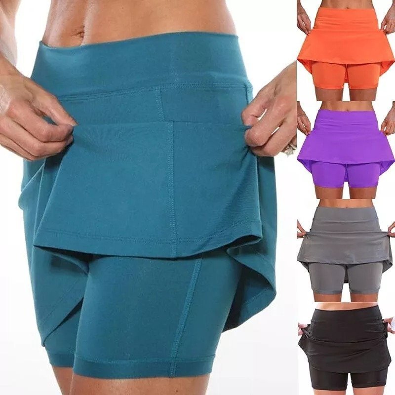Women's Solid Color Mid-waist Athletic Bottoms With Side Pockets 2 In 1 Liner Breathable Quick Dry Plus Size