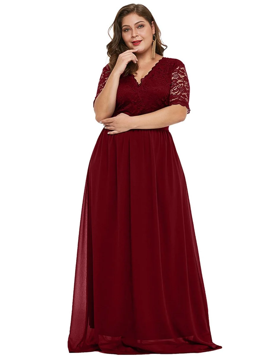 Plus Size Dress V Neck Half Sleeve Lace Maxi Long Dress