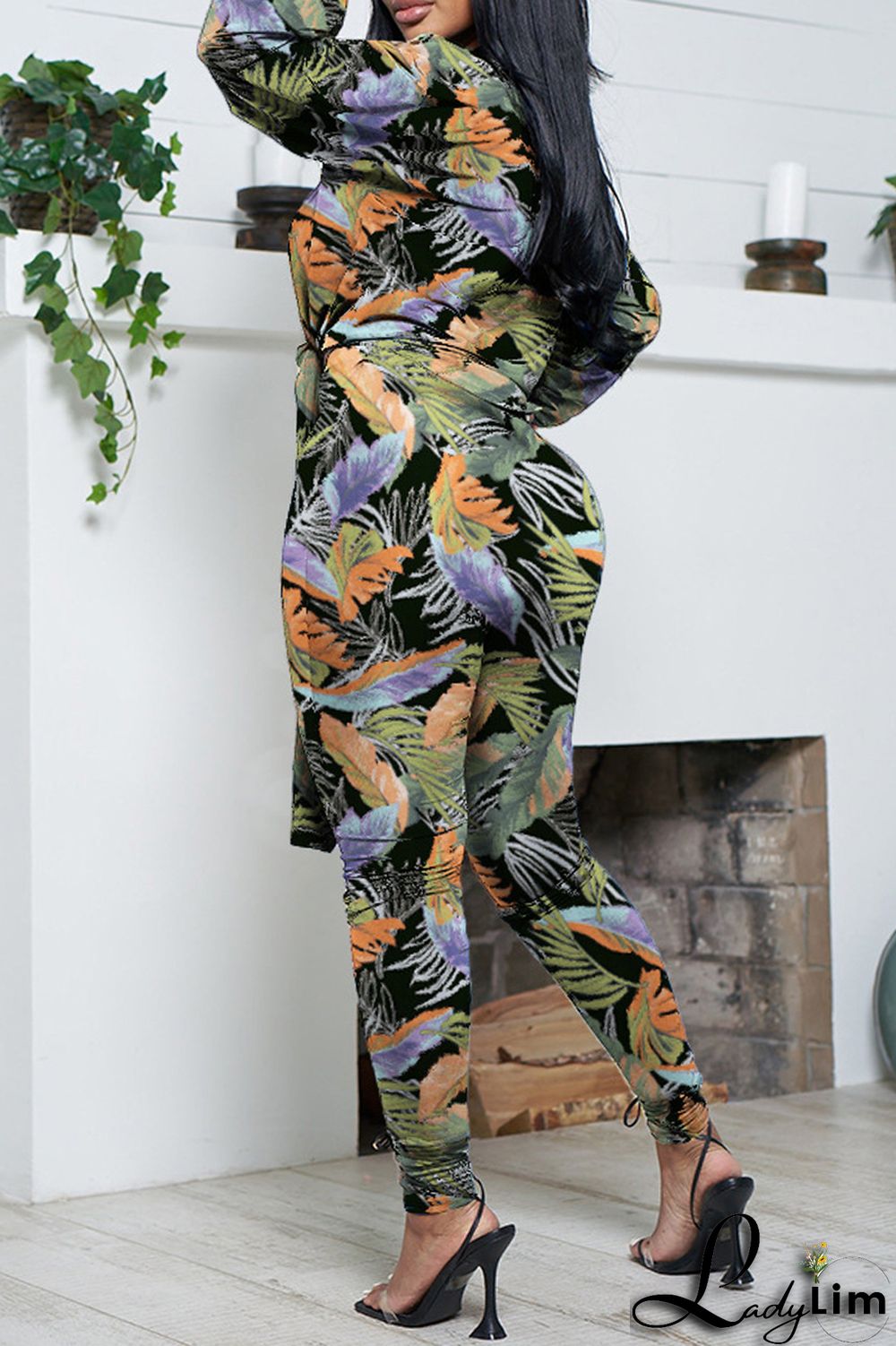 Green Casual Print Frenulum V Neck Long Sleeve Two Pieces