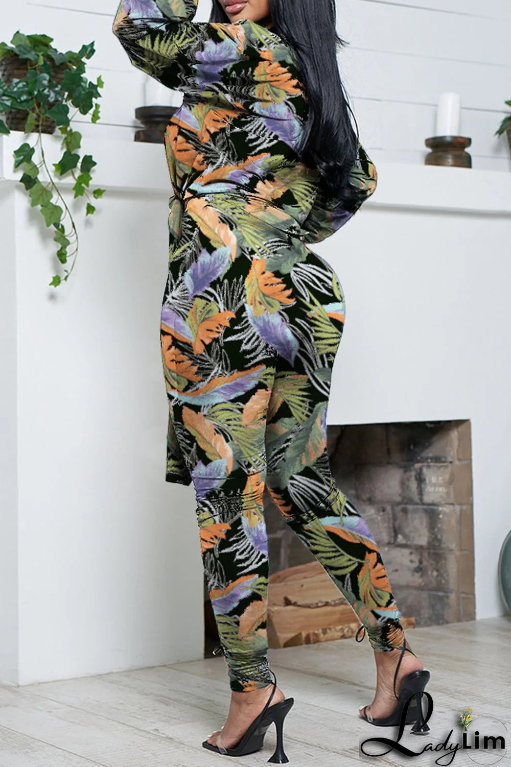 Green Casual Print Frenulum V Neck Long Sleeve Two Pieces