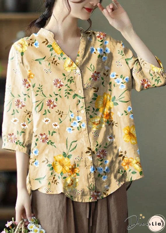 French yellow flower Embroidered V Neck Ramie Blouse Top Summer