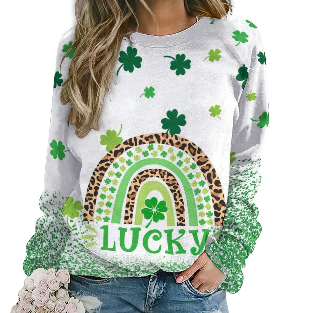 Printed Long Sleeve Casual Sweatshirt for  Women and Men Unisex Pattern St. Patrick's Day, Green, Clover, Lucky