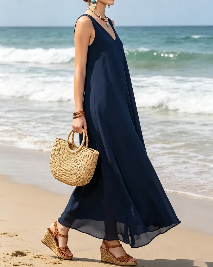 Vintage Navy V Neck Draping Chiffon Cami Dress Sleeveless Summer