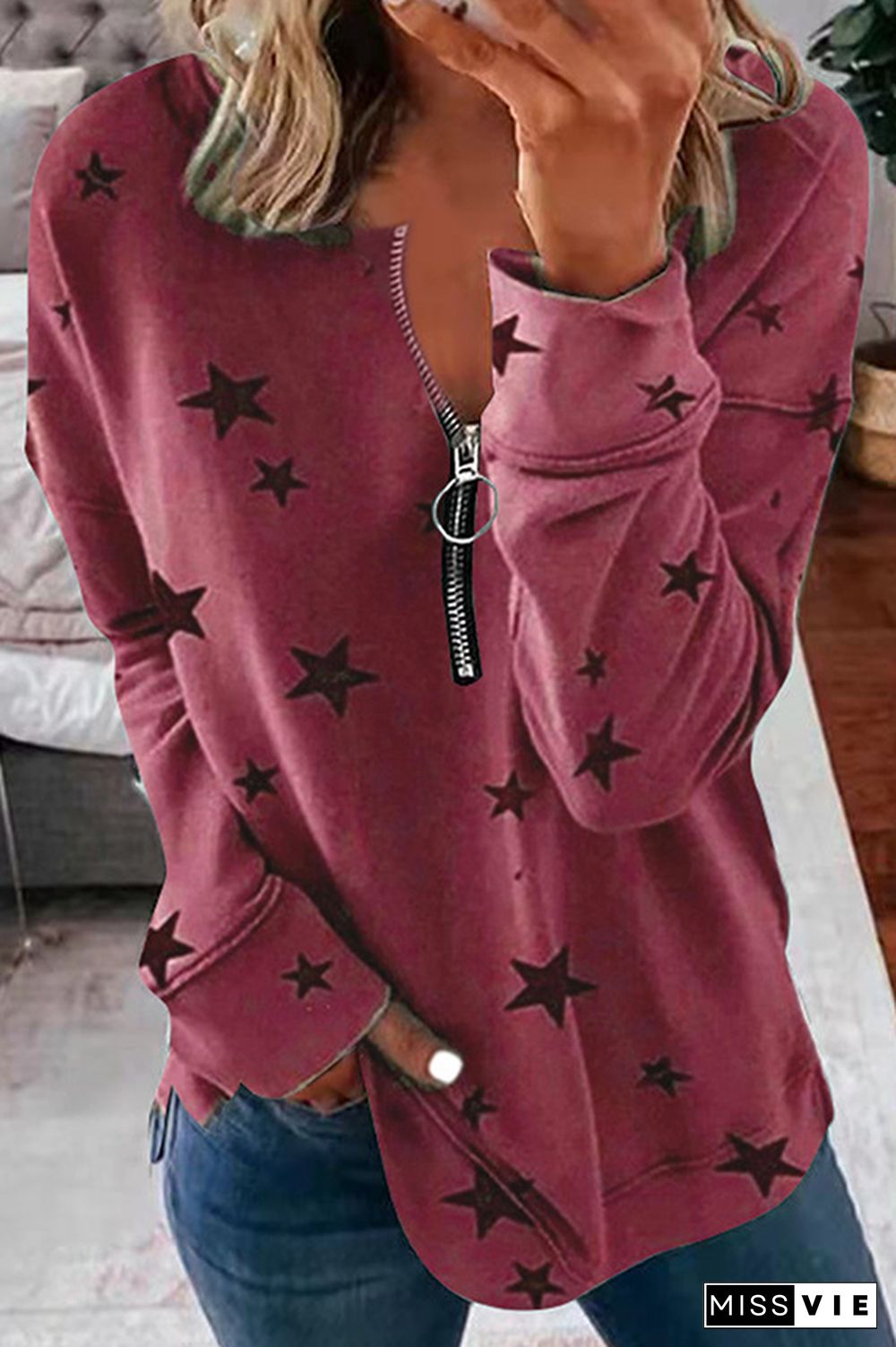 Casual The stars Split Joint Zipper Zipper Collar Tops(8 colors)