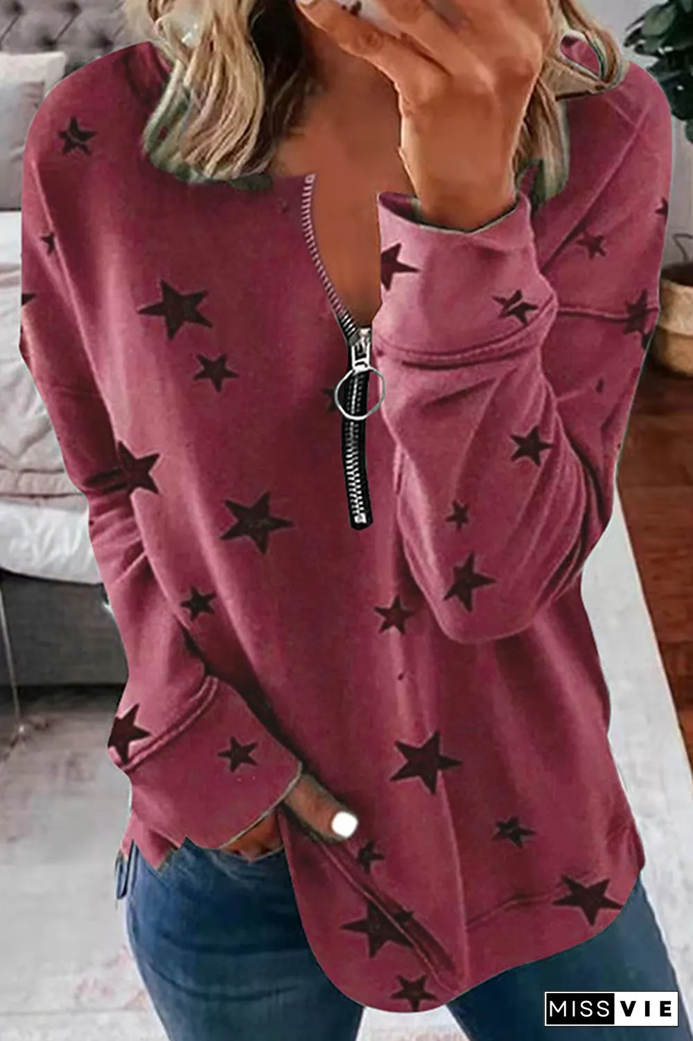 Casual The stars Split Joint Zipper Zipper Collar Tops(8 colors)
