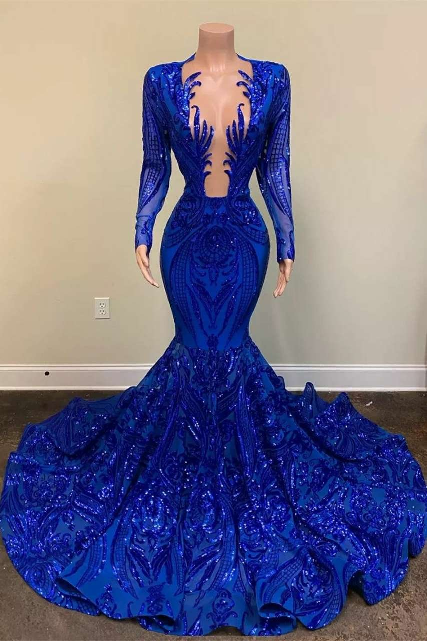 Lisliy Prom Dress Royal Blue Long Sleeves Long Mermaid Heavy Appliques 
