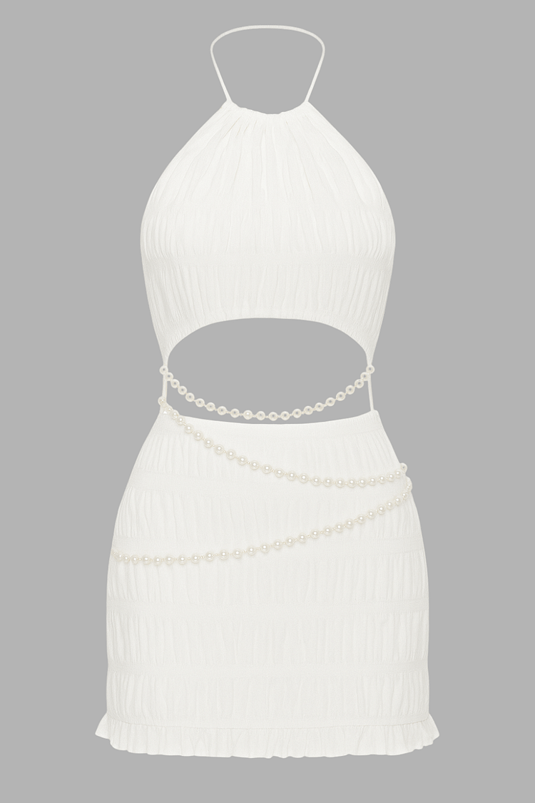 Pearls Chain Crop Top Mini Skirt Ruched Halter 2pcs Set-White