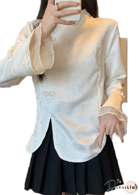 Vintage Apricot Stand Collar Jacquard Oriental Button Cotton Top Fall