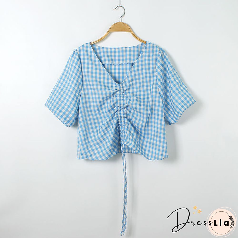 T-Shirts Womens Summer Crop Tops Plaid V-Neck Lantern Sleeve 2Xl Drawstring Slim Chic