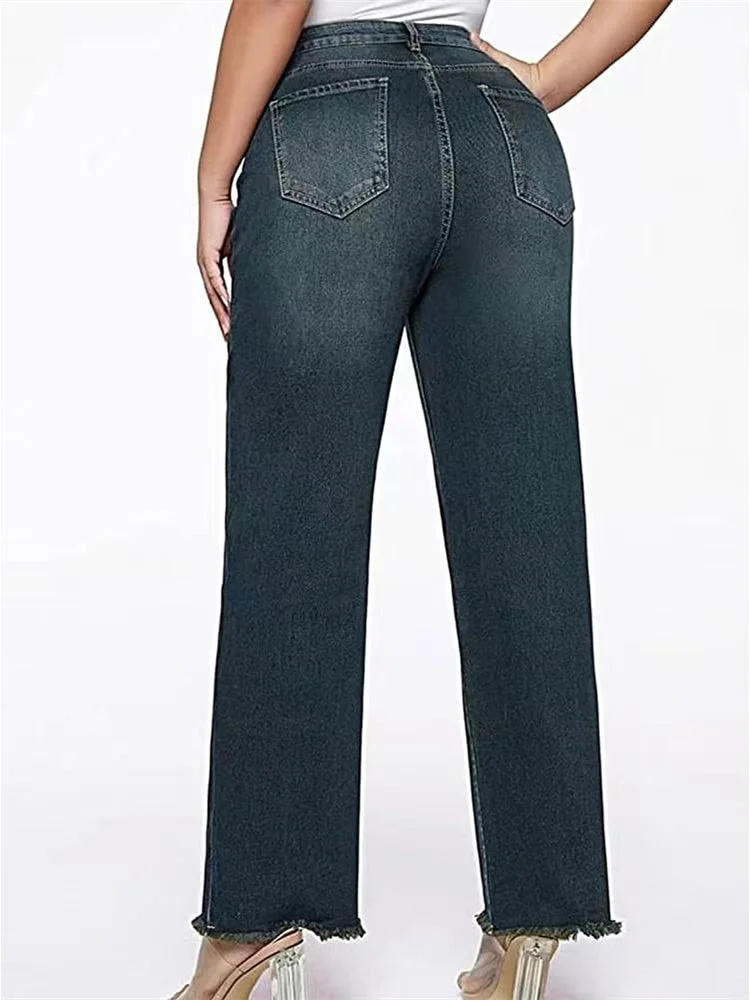 Women plus size clothing Women's Mid-Rise Straight Leg Loose Retro Washed Jeans-Nordswear