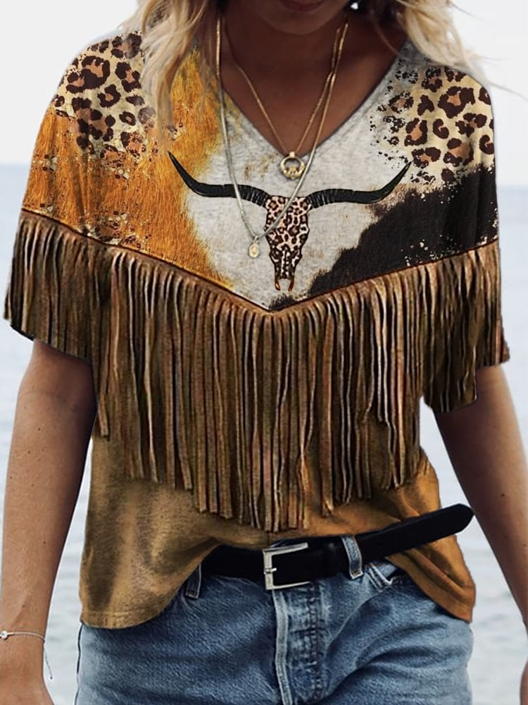Women's Western Bull Skull Leopard Cowhide Leather Art Graphic T Shirt