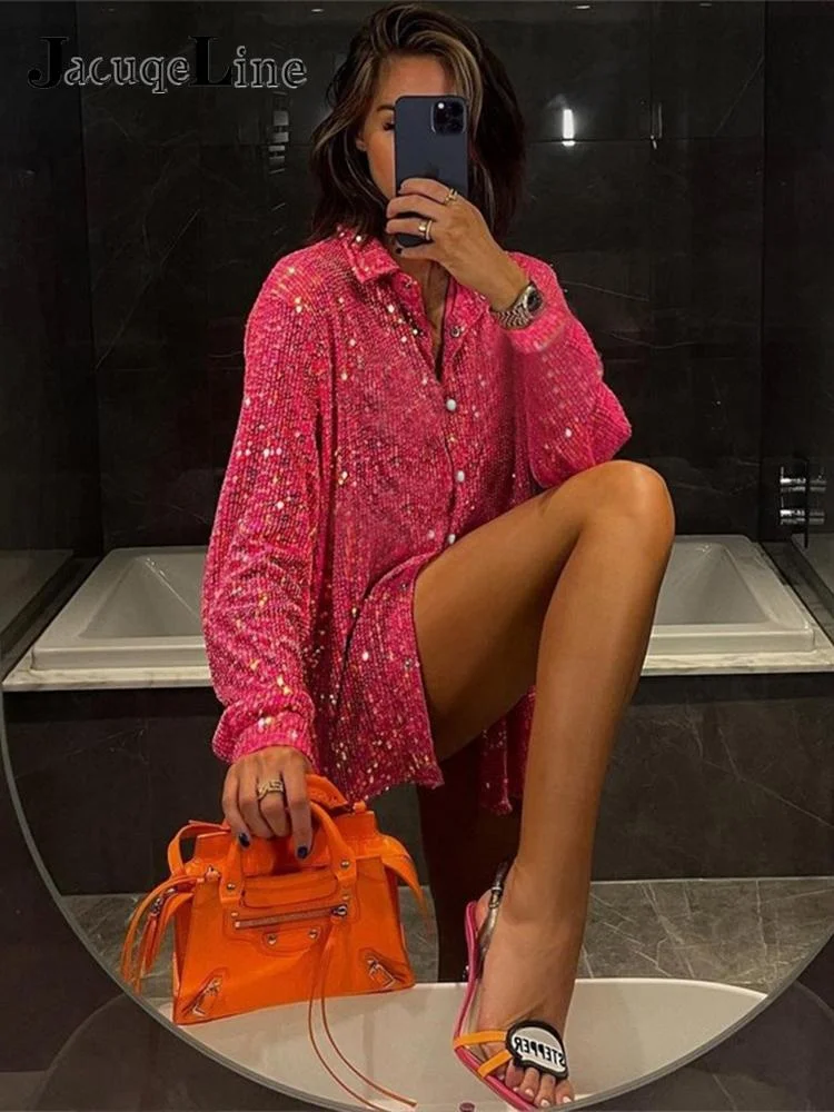 Jacuqeline 2022 Sequins Sexy Tops Blouse And Pants Y2K Women Clothes Long Sleeve V Neck Button Blouses Shirts Elegant Party Club
