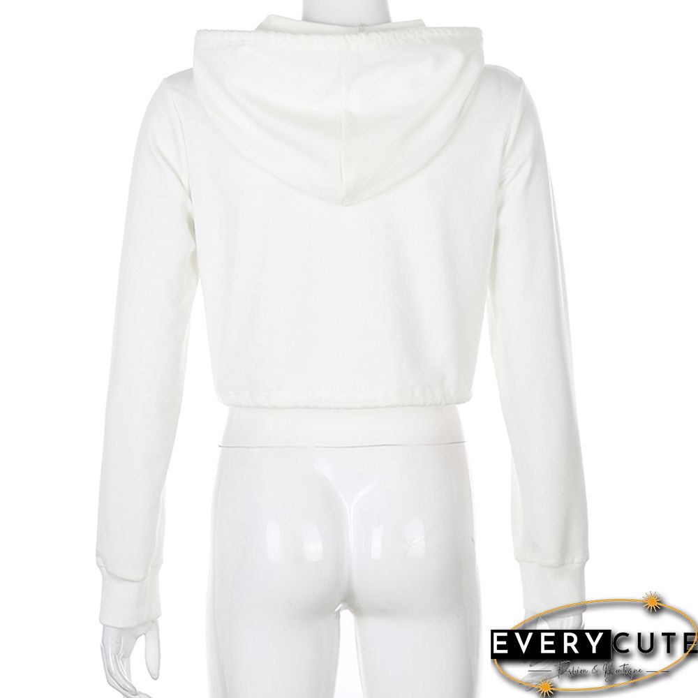 White Zipper Drawstring Crop Hoodie