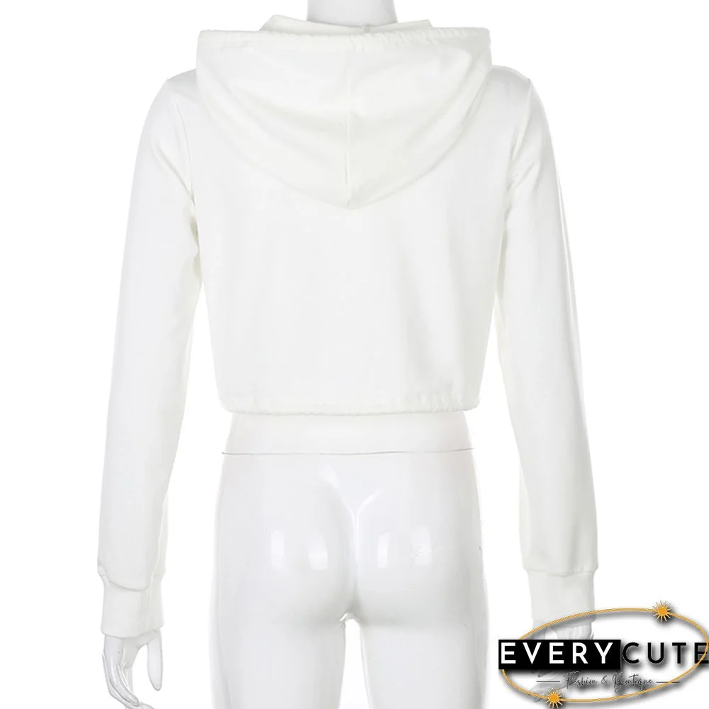 White Zipper Drawstring Crop Hoodie